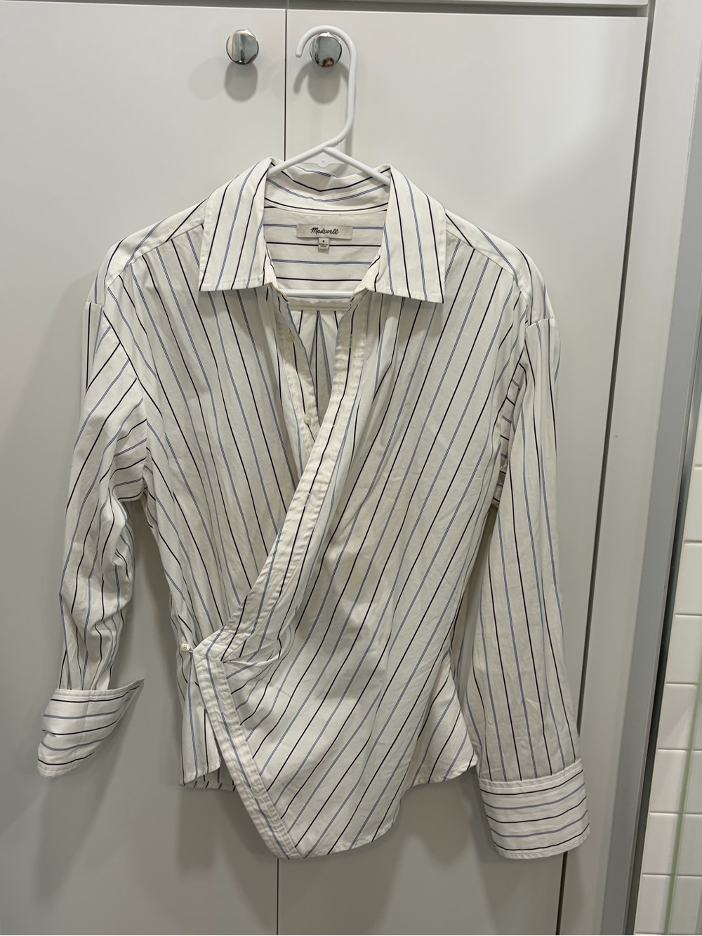 Madewell White Shirt with Navy Pinstripes Wrap Detail - Picture 2 of 6